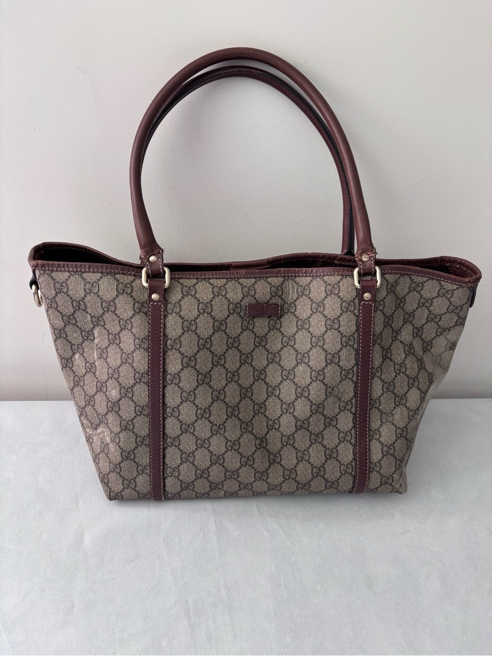 Authentic Gucci GG Supreme Monogram Coated Canvas Brown Leather Large Tote Bag